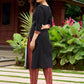 Elegant black cotton pintuck kurta adorned with Ajrak border - ajrak pant optional