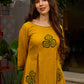 Contemporary Mustard Floral Hand Block Print Dress featuring Front & Back Box Pleat with Geometric Border on Hem & Sleeves