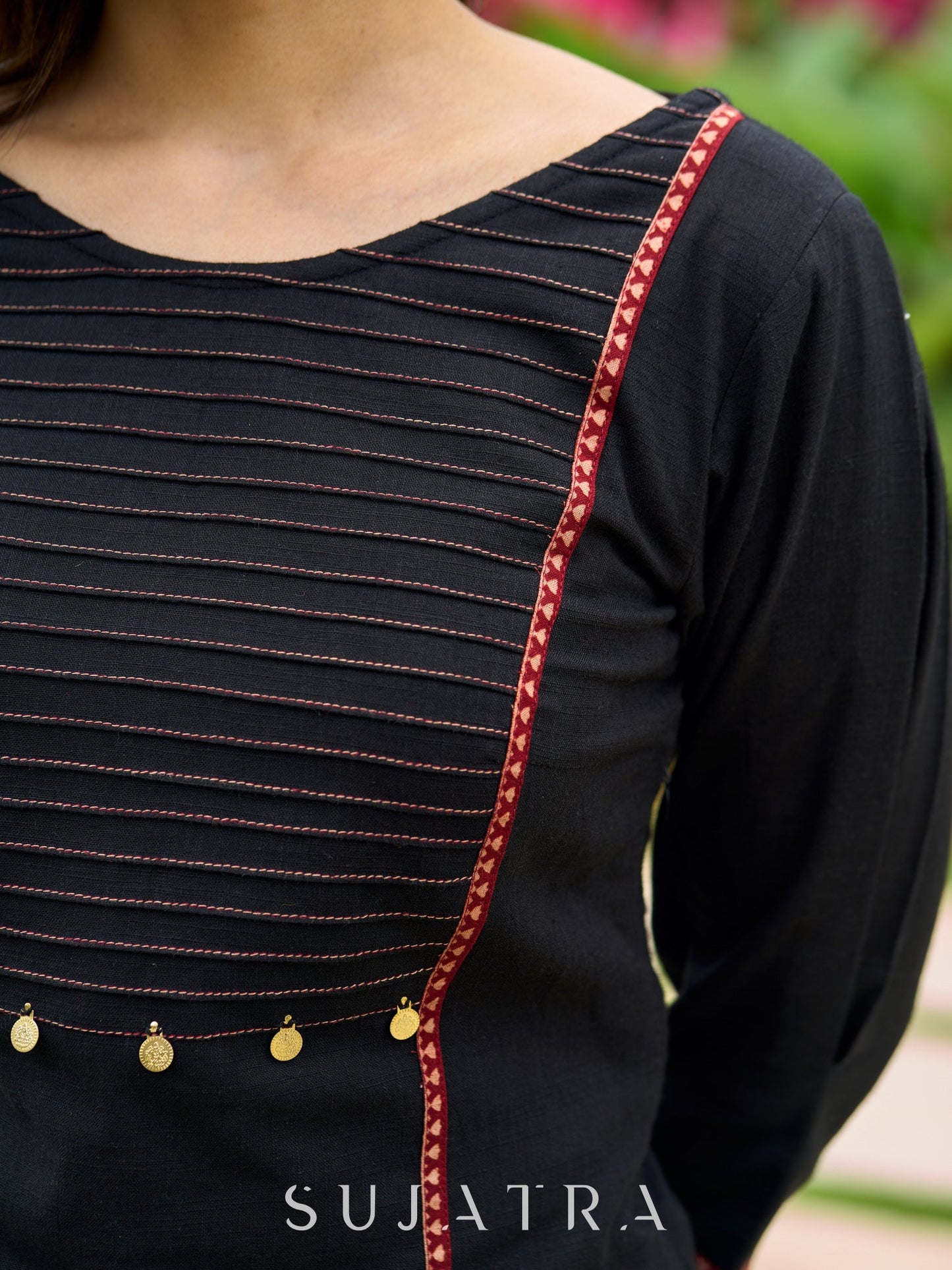 Elegant black cotton pintuck kurta adorned with Ajrak border - ajrak pant optional