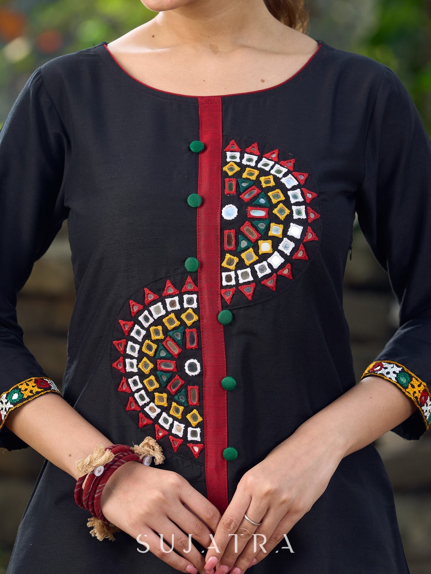 Classic Black Cotton Silk Top Featuring Delicate Mirror Work Accents And A Bold Maroon Placket