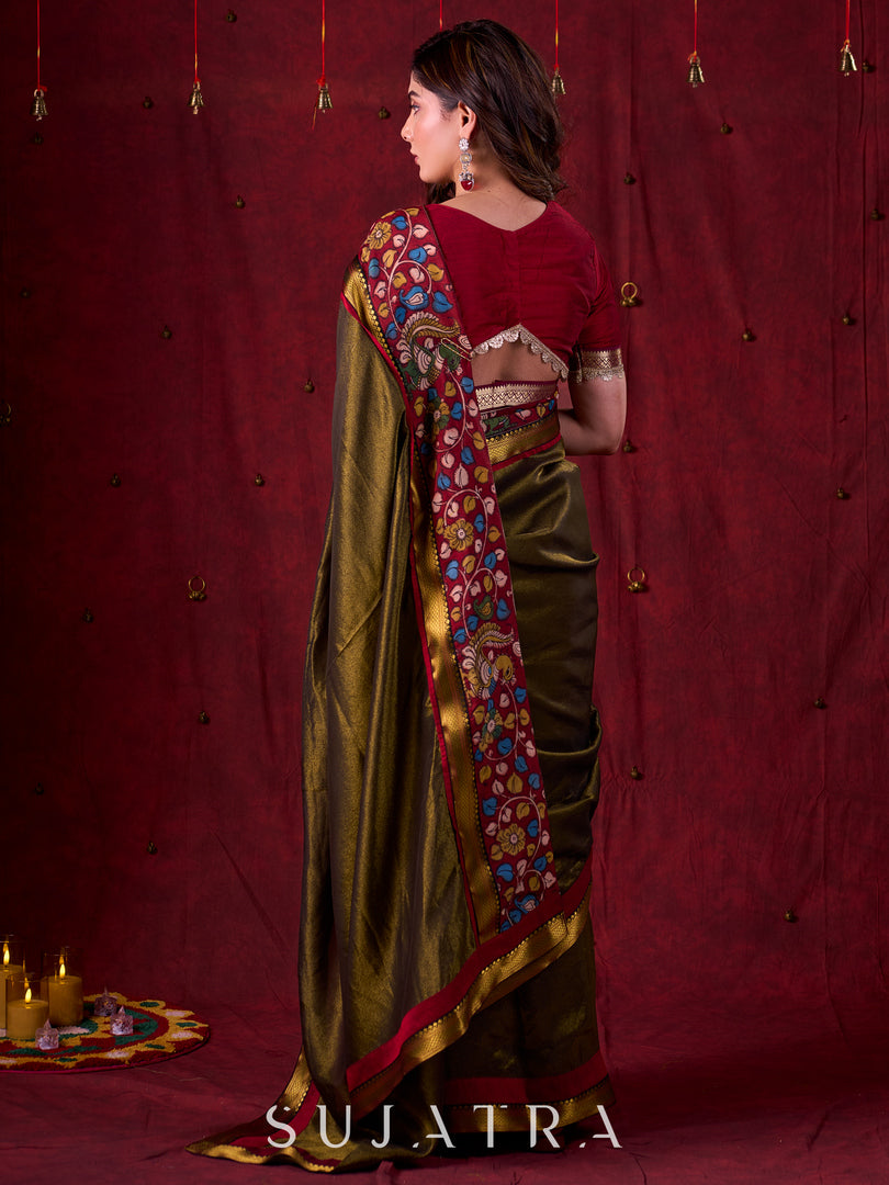 Midnight Black Tissue Saree featuring Maroon Accents & Artisanal Kalamkari and Elegant Zari Border