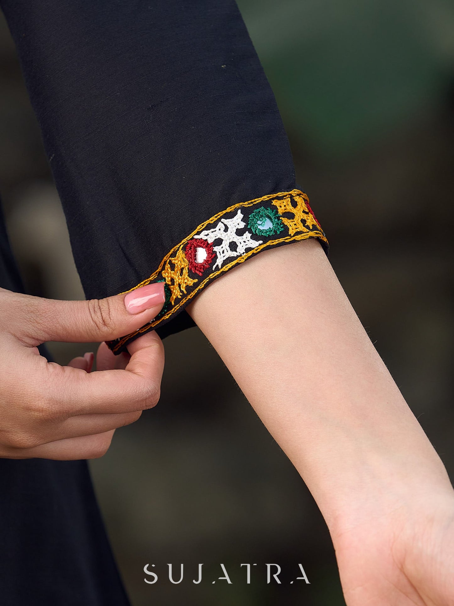 Classic Black Cotton Silk Top Featuring Delicate Mirror Work Accents And A Bold Maroon Placket