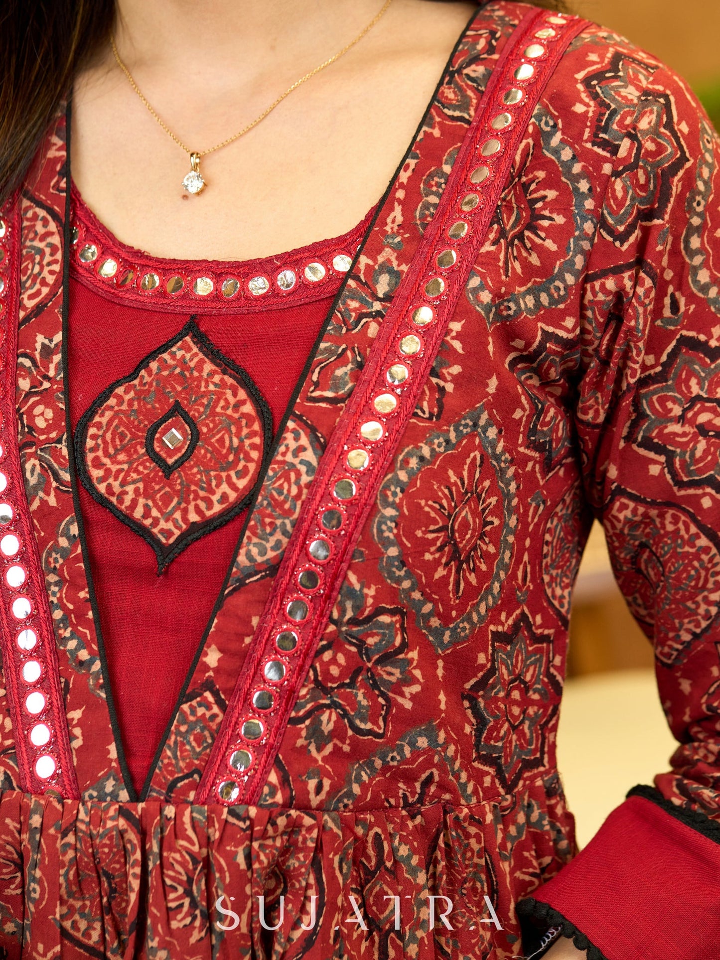 Maroon Artisan Ajrakh Top with Mirror Embellishments and Appliqué Work