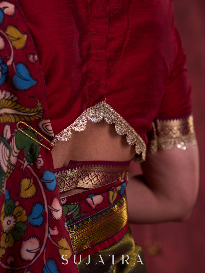 Midnight Black Tissue Saree featuring Maroon Accents & Artisanal Kalamkari and Elegant Zari Border