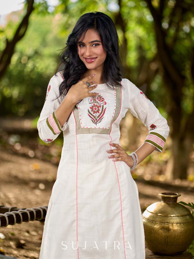 Graceful White Cotton Panel Kurta with Delicate Floral Hand Block Motifs