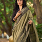 Natural Sage Green Cotton Saree with Traditional Black Hand Block Printed Border