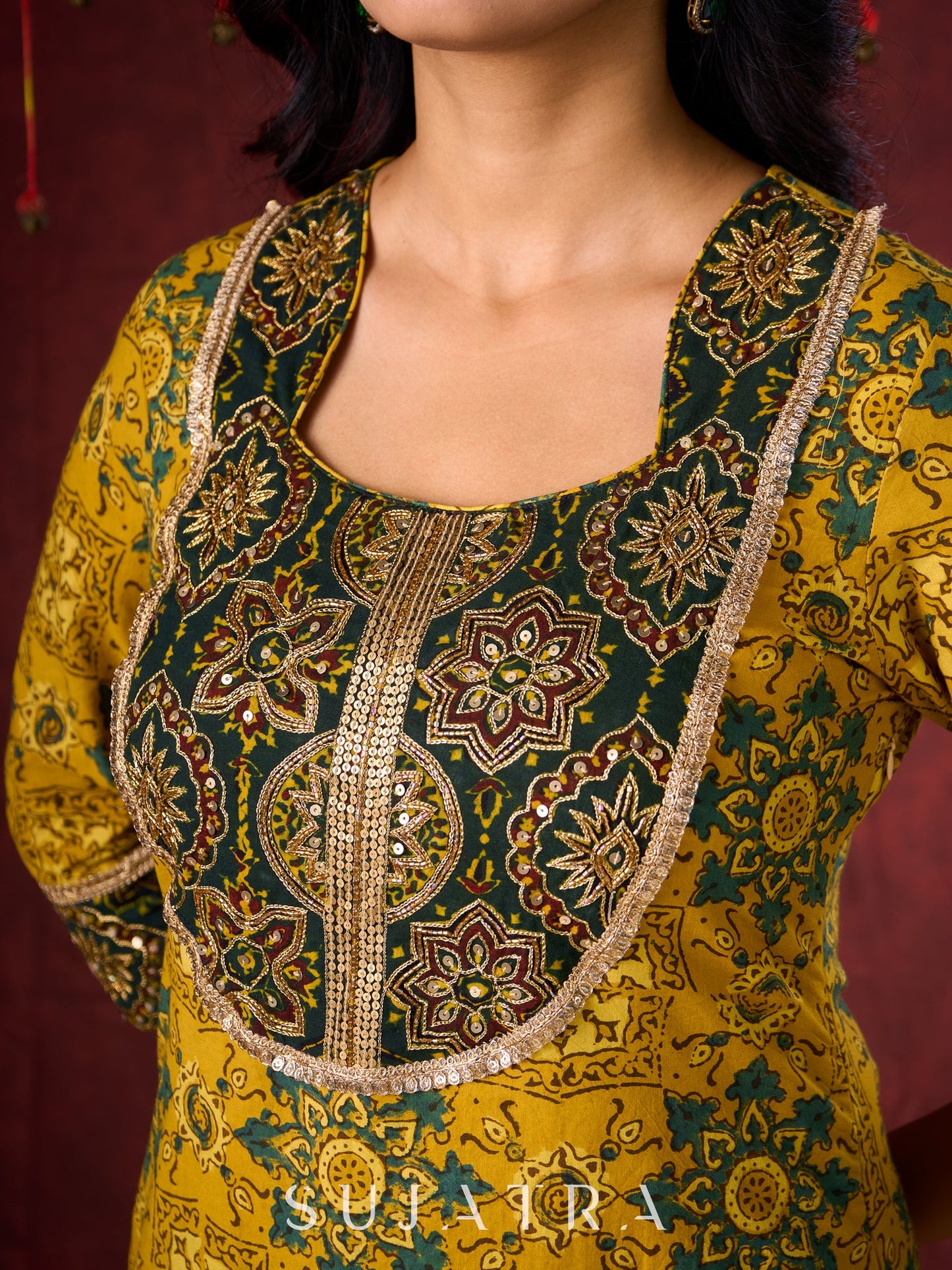Mustard & Green Ajrakh Cotton Kurta with Minimal Hand Embroidery