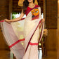Striking white cotton saree with bold red-black borders, featuring a hand-painted Durga motif