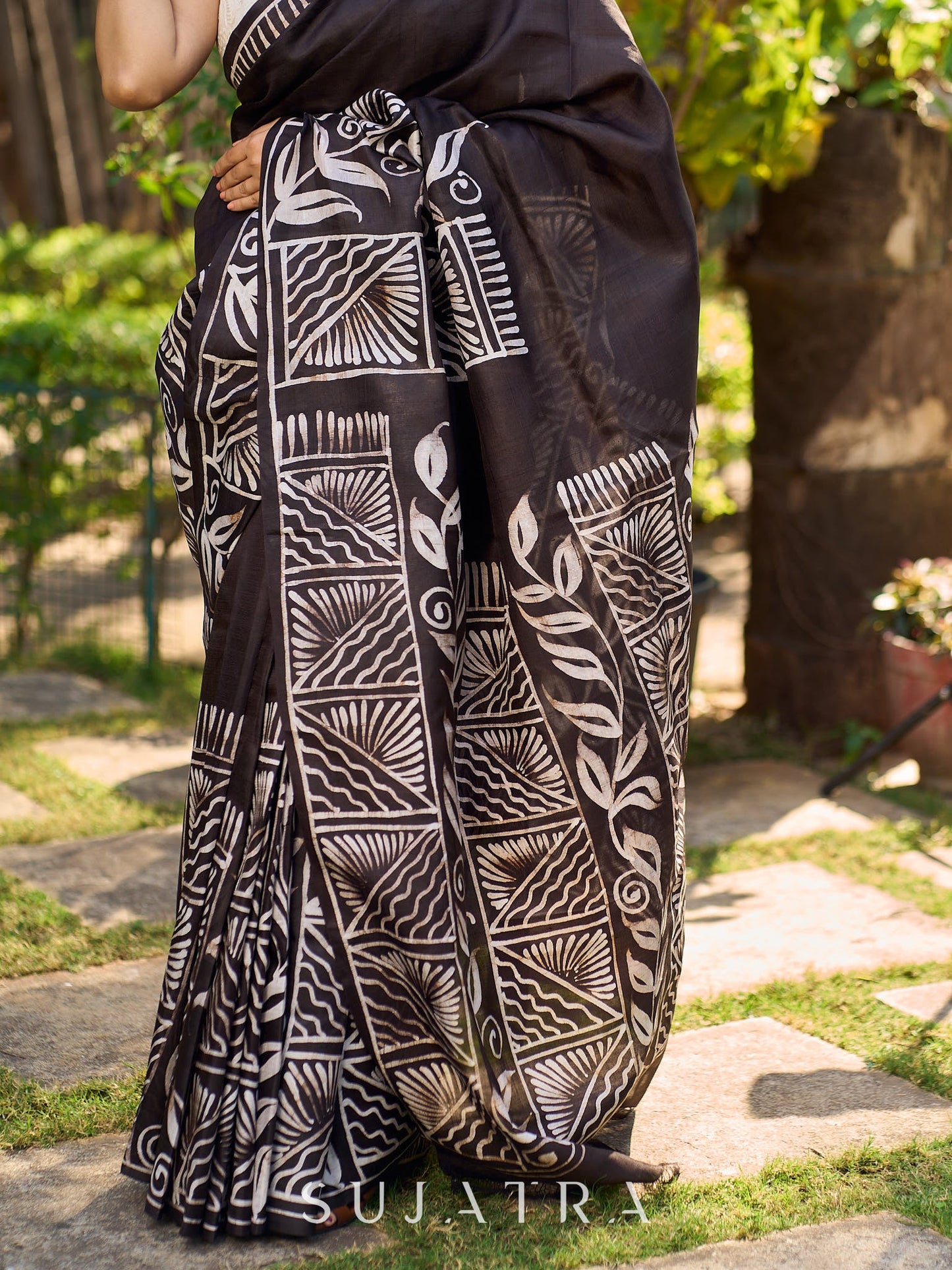 Artisanal Black Pure Silk Hand Batik Saree with Classic Bold Designs