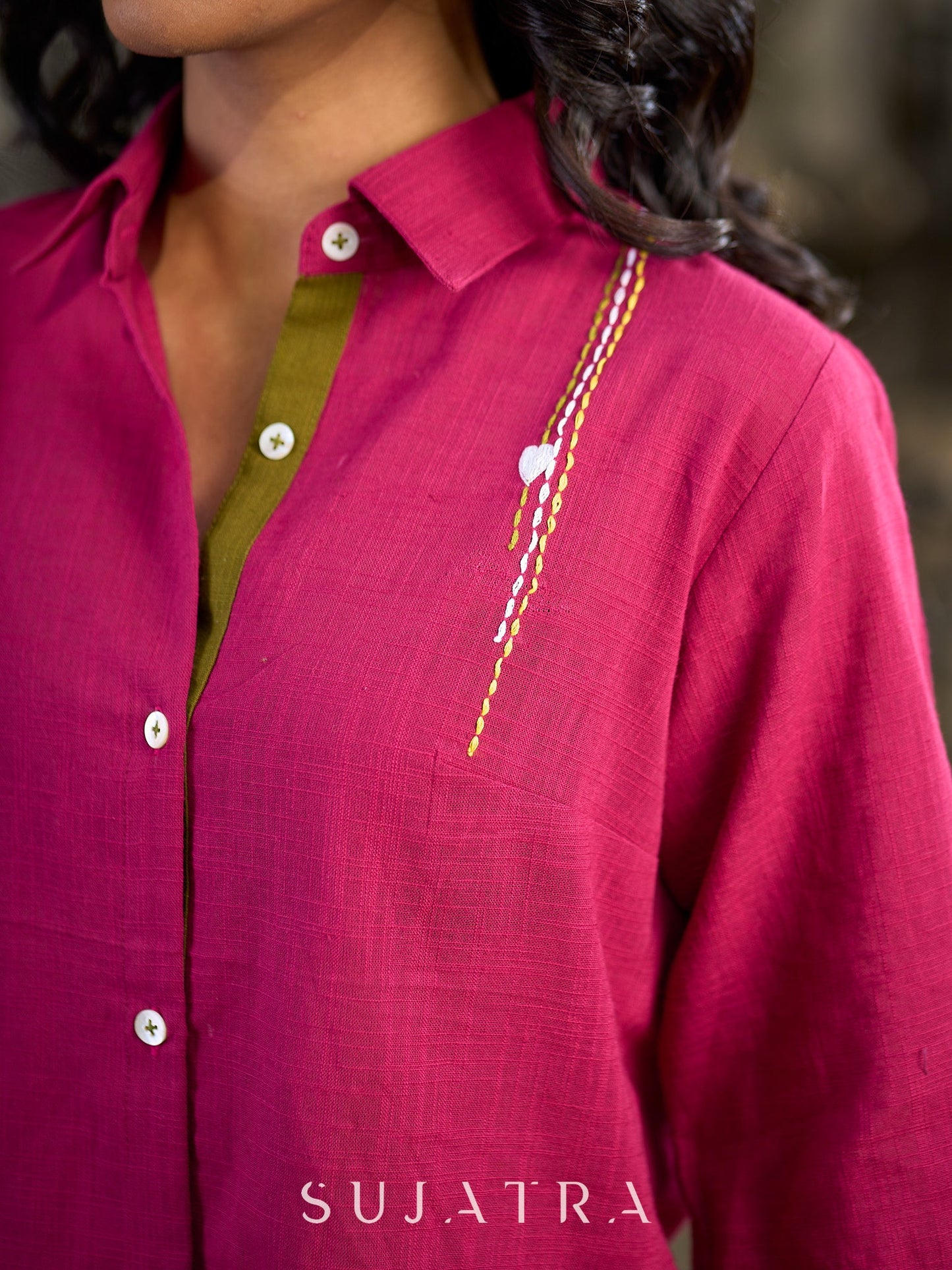 Magenta Cotton Shirt Featuring Fine Hand Embroidered Details