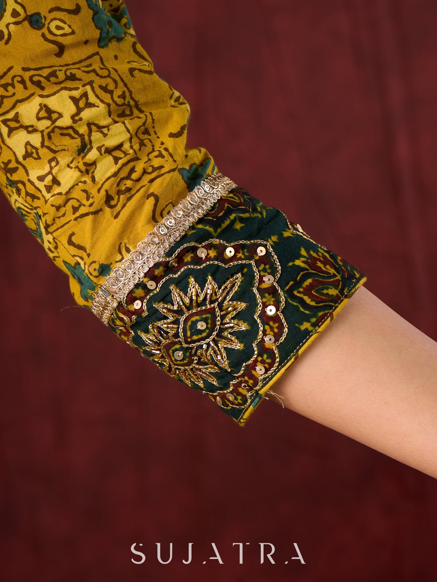 Mustard & Green Ajrakh Cotton Kurta with Minimal Hand Embroidery
