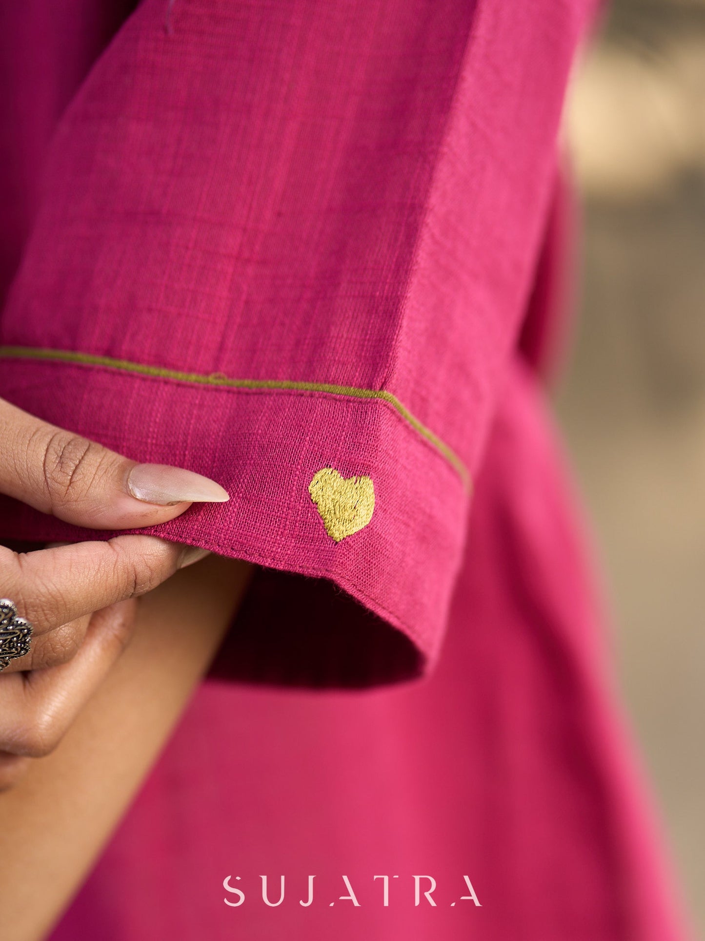 Magenta Cotton Shirt Featuring Fine Hand Embroidered Details