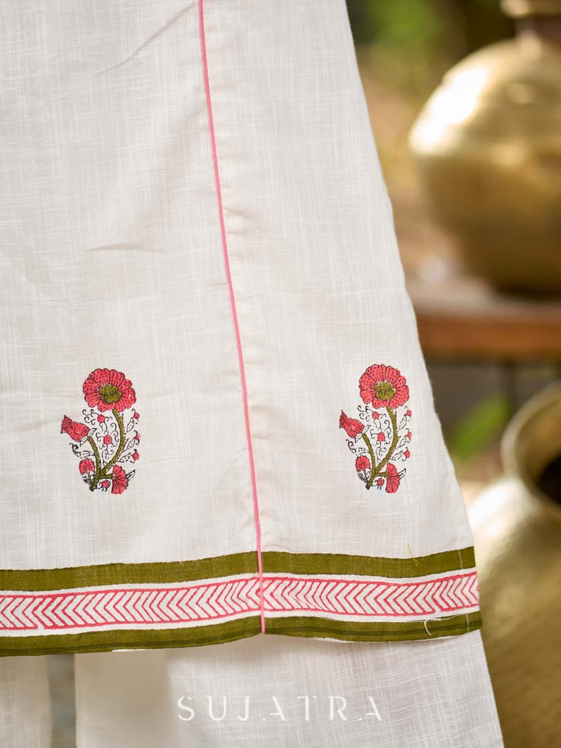 Graceful White Cotton Panel Kurta with Delicate Floral Hand Block Motifs