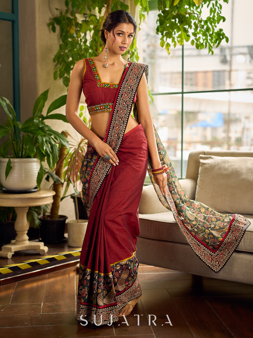 Regal Maroon Cotton Saree with Rich Kalamkari Printed Pallu with Mirror work