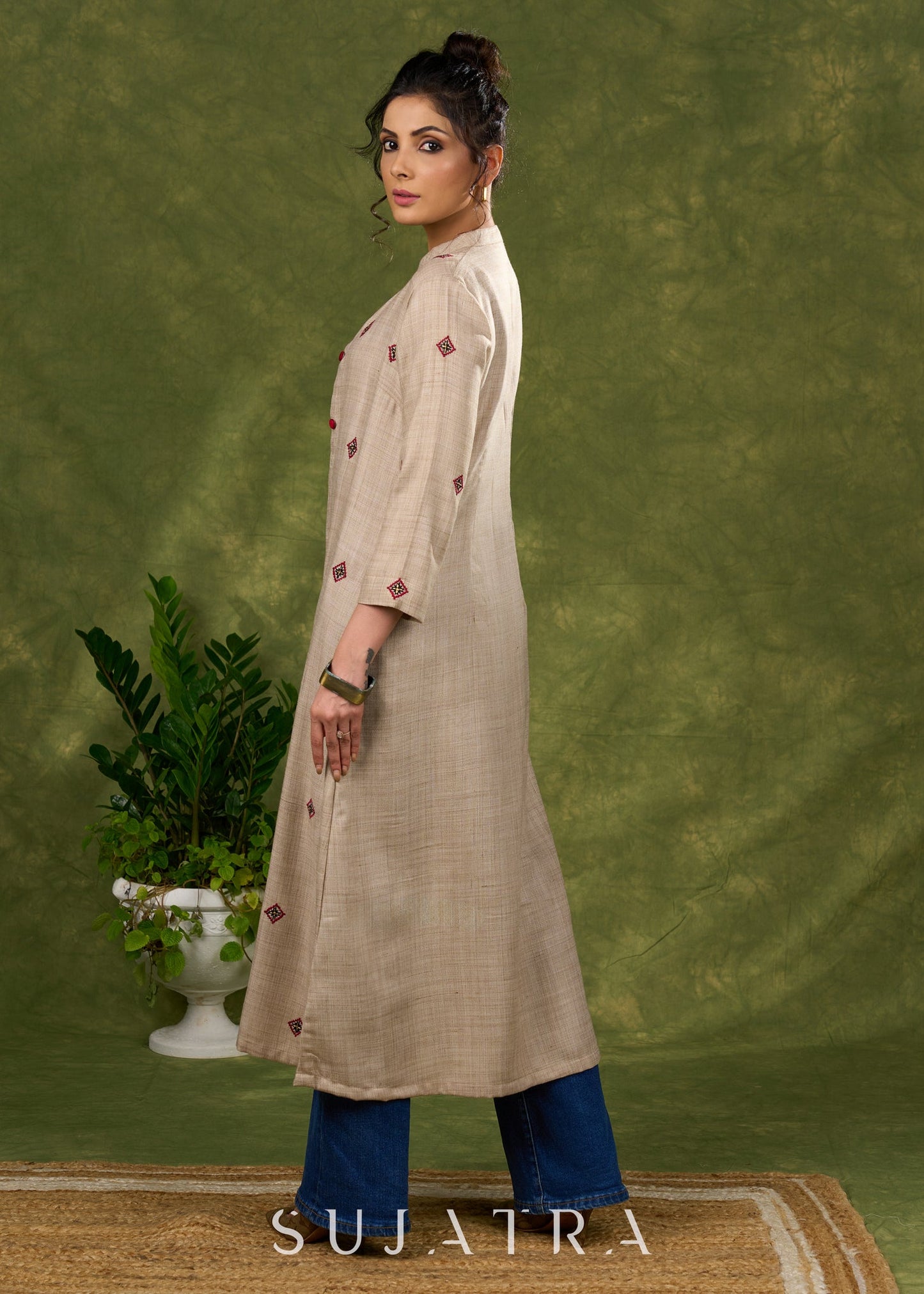 Exquisite Beige Long Shrug Showcasing Artisanal Embroidery Techniques   Inner Optional