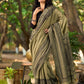 Natural Sage Green Cotton Saree with Traditional Black Hand Block Printed Border