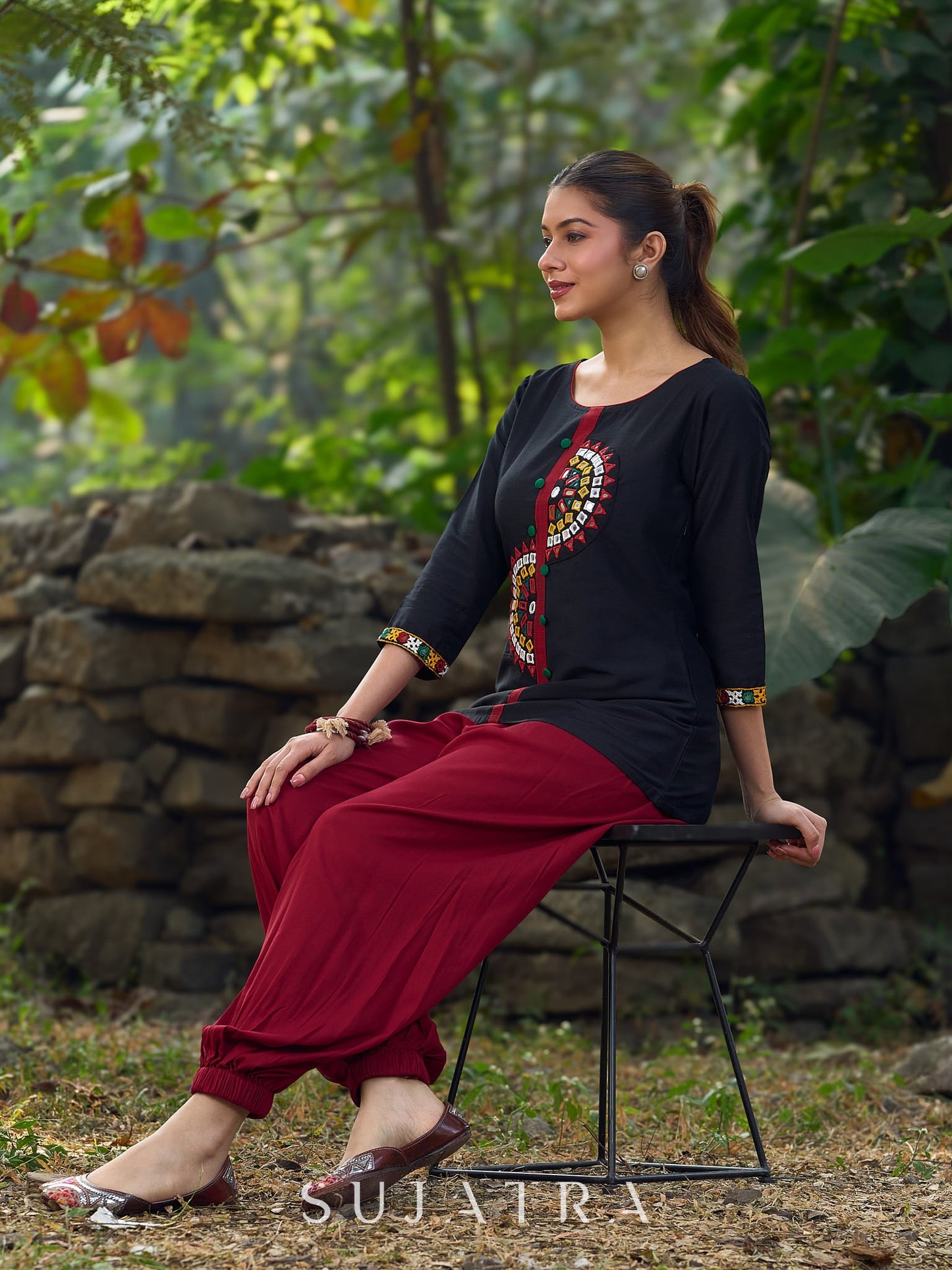 Classic Black Cotton Silk Top Featuring Delicate Mirror Work Accents And A Bold Maroon Placket