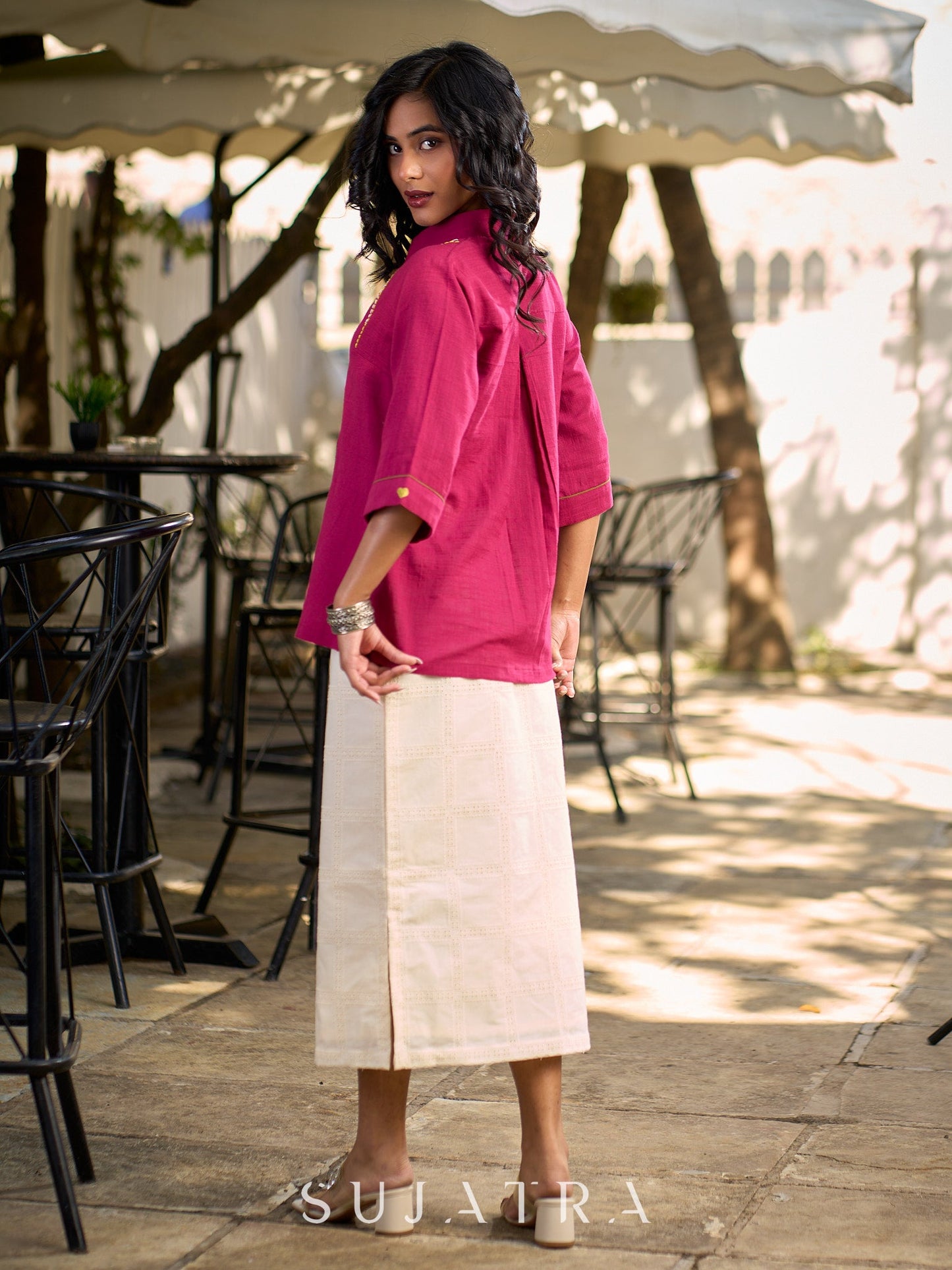 Magenta Cotton Shirt Featuring Fine Hand Embroidered Details