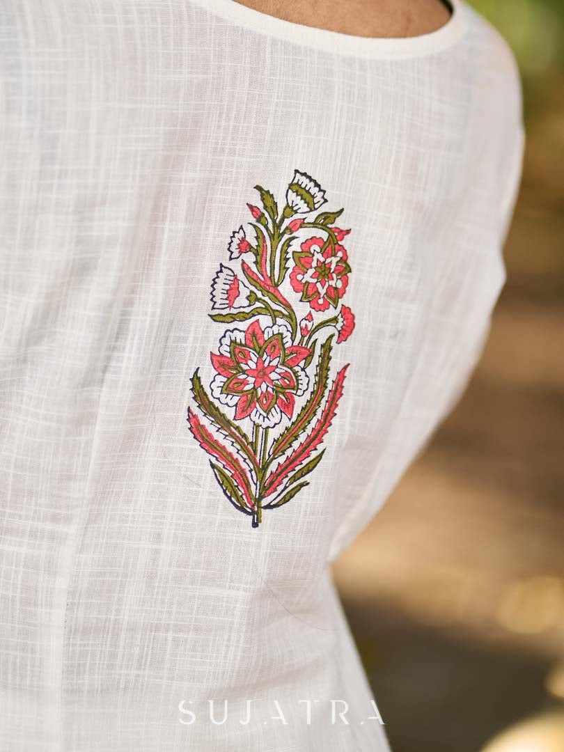 Graceful White Cotton Panel Kurta with Delicate Floral Hand Block Motifs