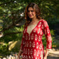 Vibrant red viscose short kurta showcasing a charming floral print, refined pintuck neck panel