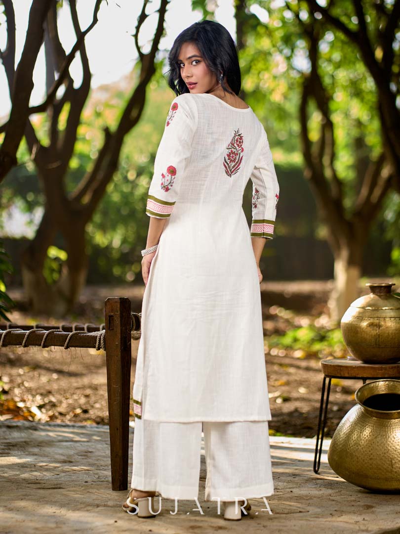 Graceful White Cotton Panel Kurta with Delicate Floral Hand Block Motifs