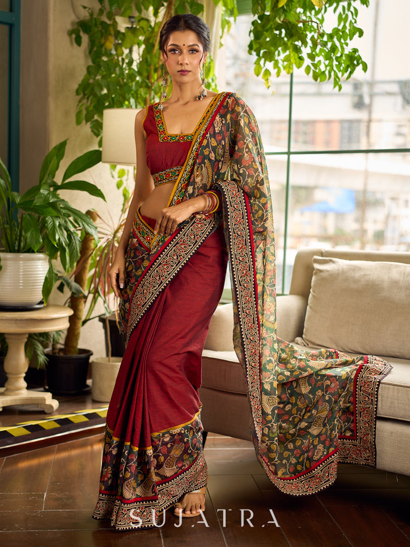 Regal Maroon Cotton Saree with Rich Kalamkari Printed Pallu with Mirror work
