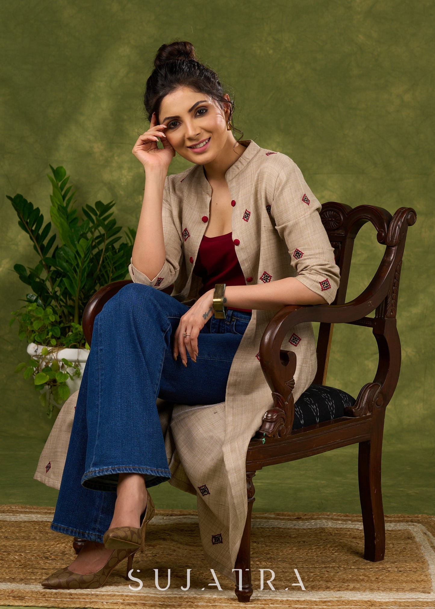 Exquisite Beige Long Shrug Showcasing Artisanal Embroidery Techniques   Inner Optional