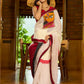 Striking white cotton saree with bold red-black borders, featuring a hand-painted Durga motif