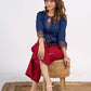 Blue Cotton Top with Keyhole Neck Opening and Statement Stripe Accents