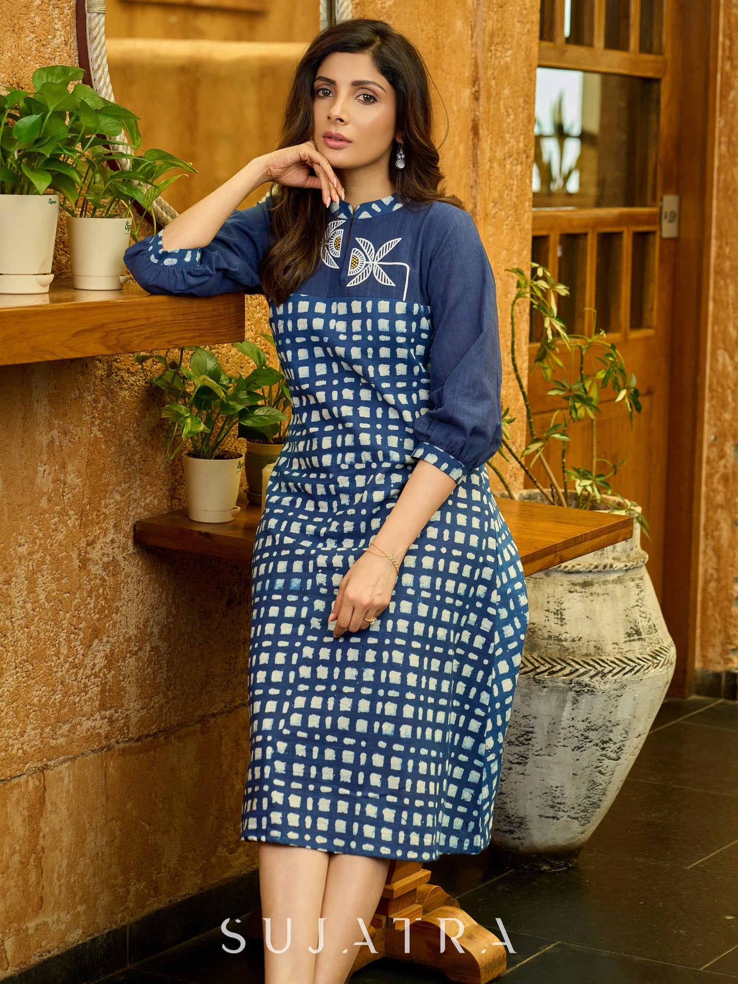Bloomed in Blue Hand-Painted Indigo Dress with hand painted Contrast Yoke