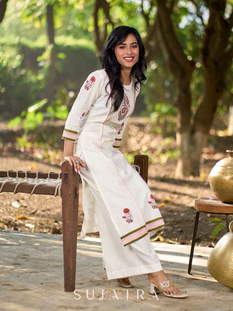 Graceful White Cotton Panel Kurta with Delicate Floral Hand Block Motifs