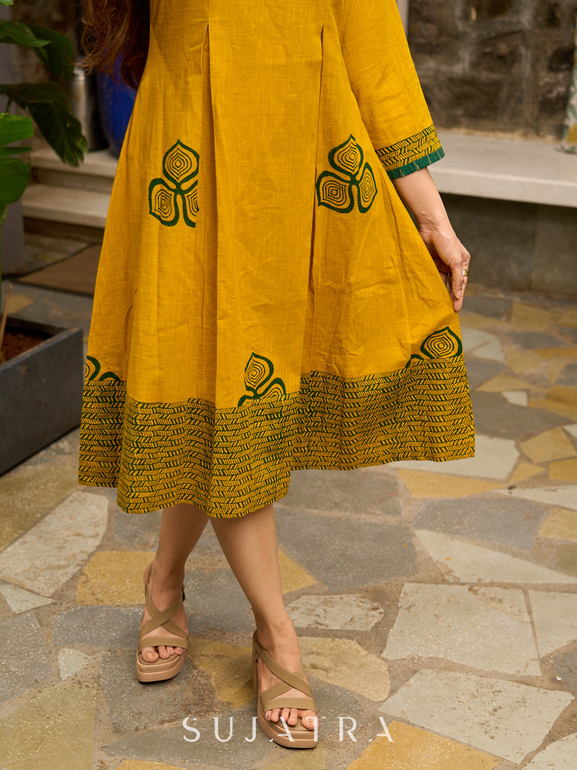 Contemporary Mustard Floral Hand Block Print Dress featuring Front & Back Box Pleat with Geometric Border on Hem & Sleeves