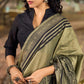 Natural Sage Green Cotton Saree with Traditional Black Hand Block Printed Border