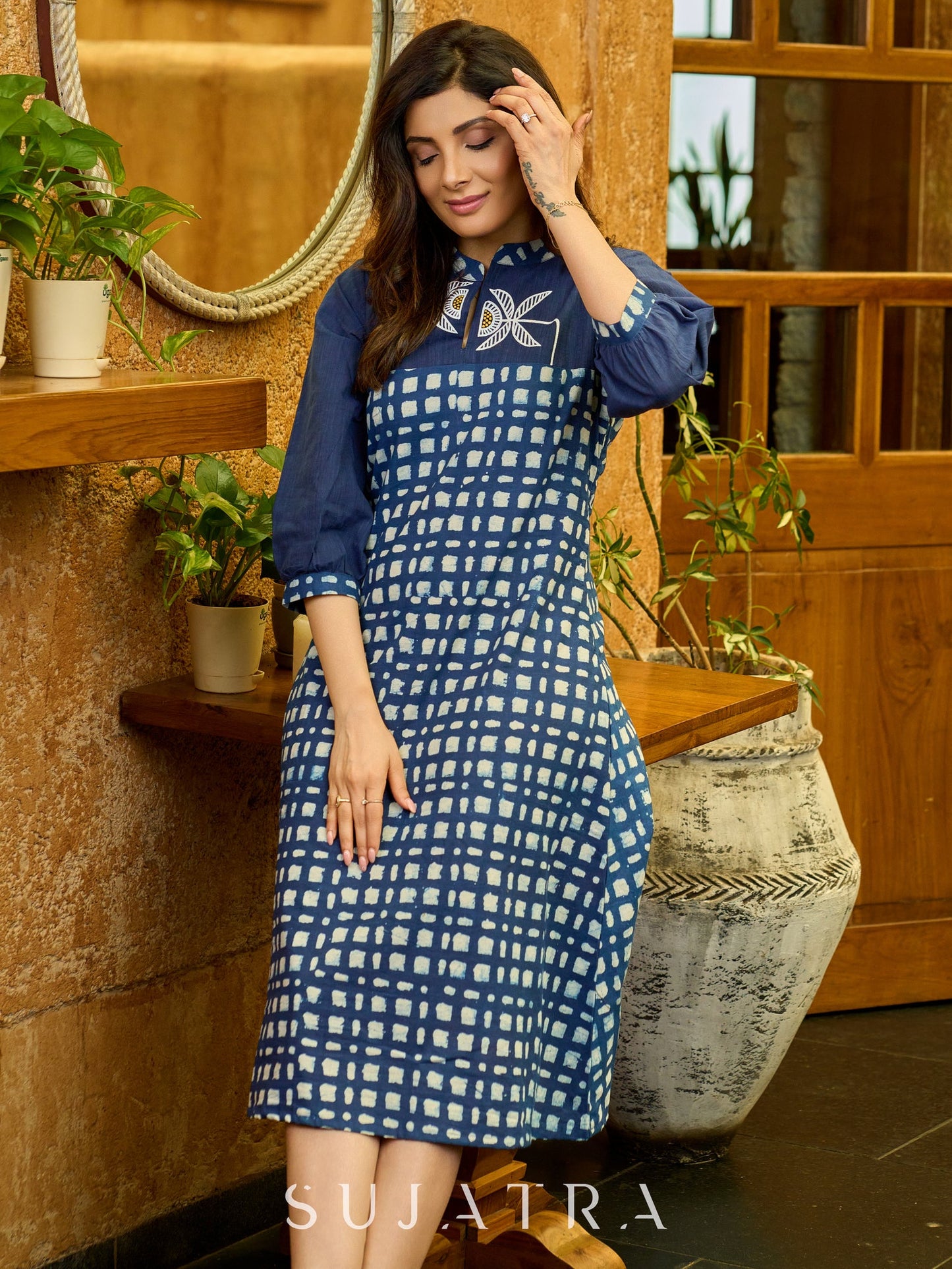 Bloomed in Blue Hand-Painted Indigo Dress with hand painted Contrast Yoke