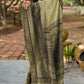 Natural Sage Green Cotton Saree with Traditional Black Hand Block Printed Border
