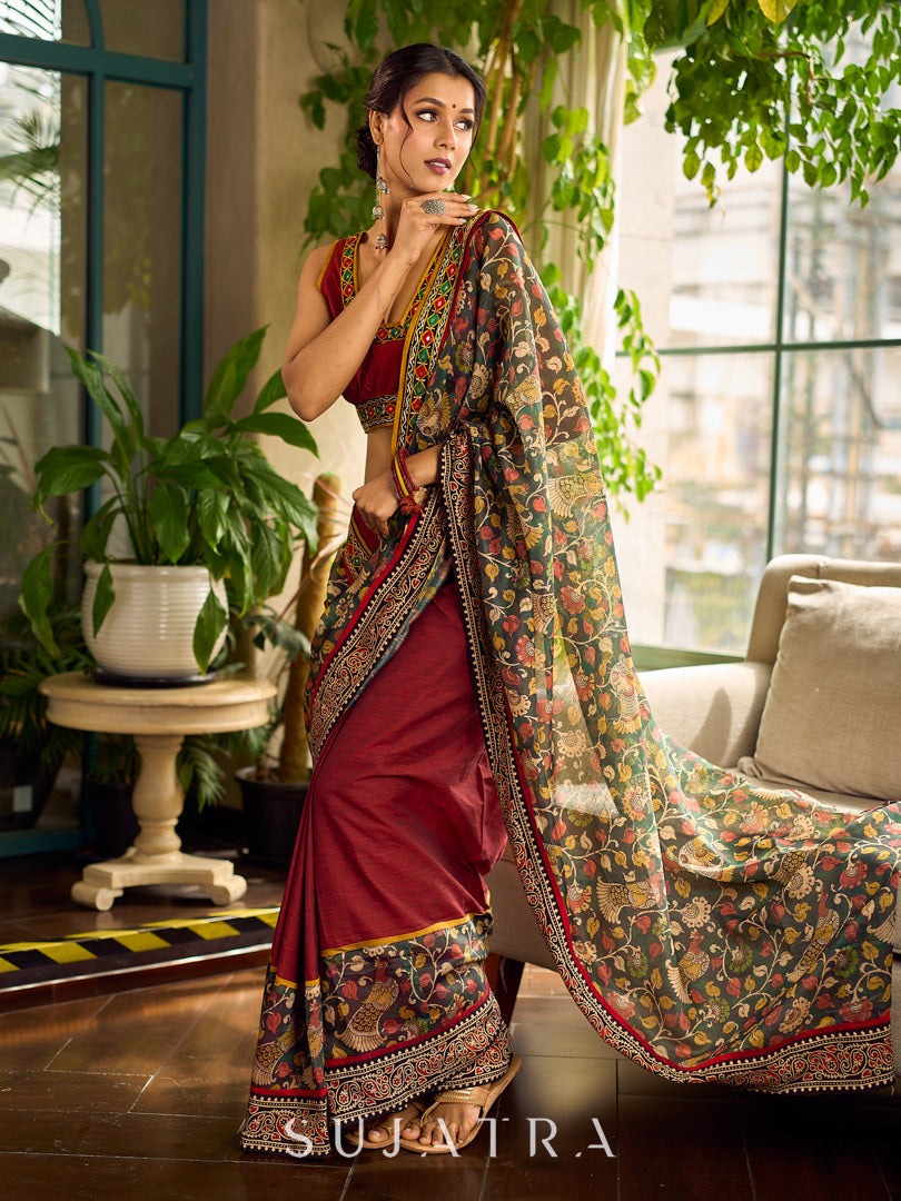 Regal Maroon Cotton Saree with Rich Kalamkari Printed Pallu with Mirror work
