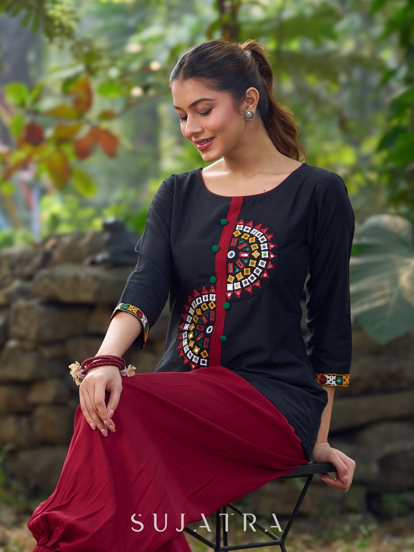 Classic Black Cotton Silk Top Featuring Delicate Mirror Work Accents And A Bold Maroon Placket