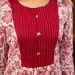 Elegant white floral Jaipuri printed dress with a delicately pintucked red panel, gathered sleeves, and rich red accents.