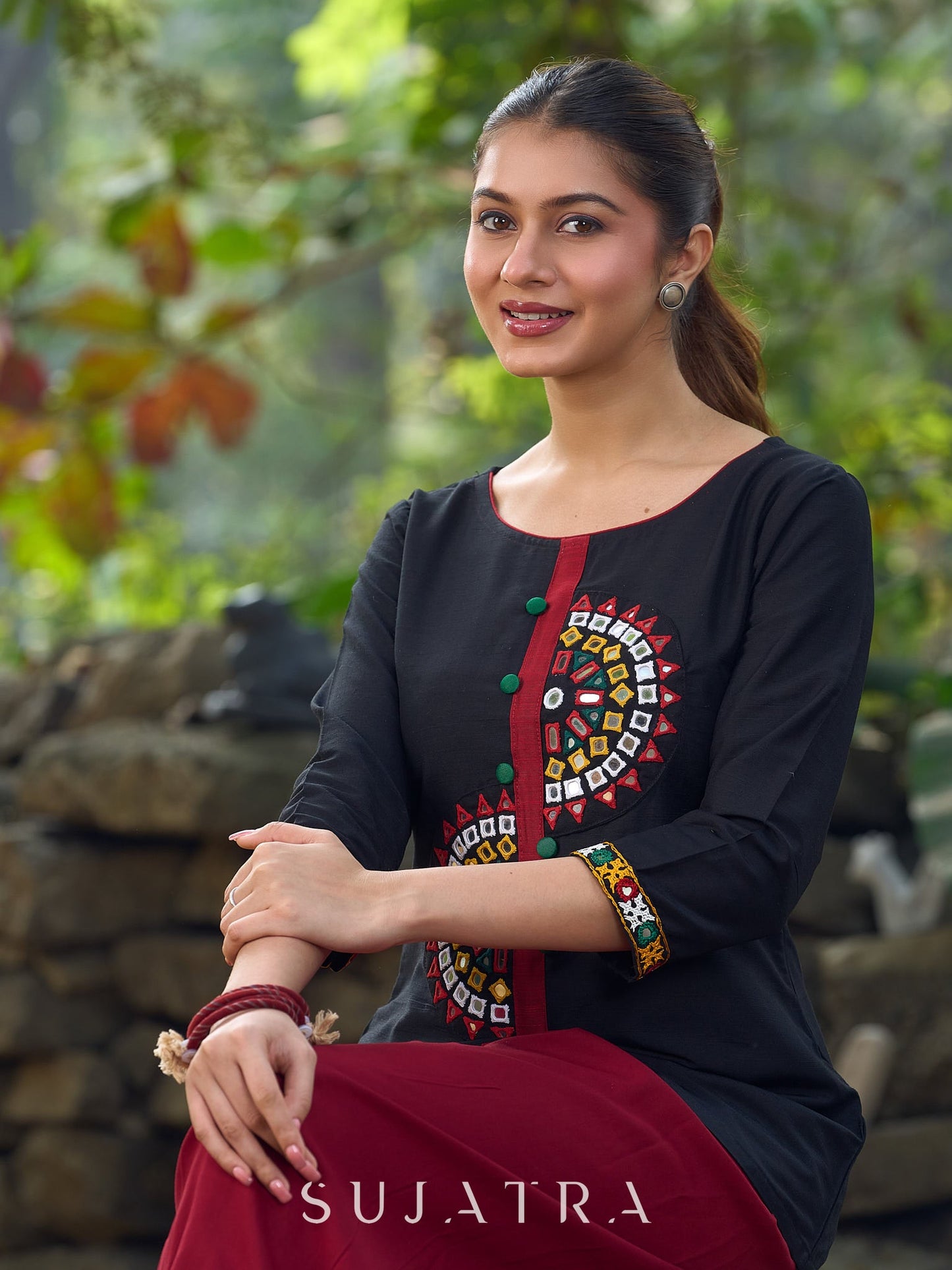 Classic Black Cotton Silk Top Featuring Delicate Mirror Work Accents And A Bold Maroon Placket