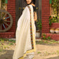 Exclusive off white mul saree with yellow hakoba border paired with Kutch mirror work border