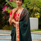 Timeless Bottle Green Georgette Saree with Contrast Red Benarasi Border & Hand Embroidered Pallu