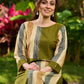 Artisanal Olive Cotton Kurta with Earthy Stripes and Asymmetrical Cut Panels