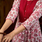 Elegant white floral Jaipuri printed dress with a delicately pintucked red panel, gathered sleeves, and rich red accents.