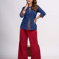 Blue Cotton Top with Keyhole Neck Opening and Statement Stripe Accents