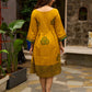Contemporary Mustard Floral Hand Block Print Dress featuring Front & Back Box Pleat with Geometric Border on Hem & Sleeves