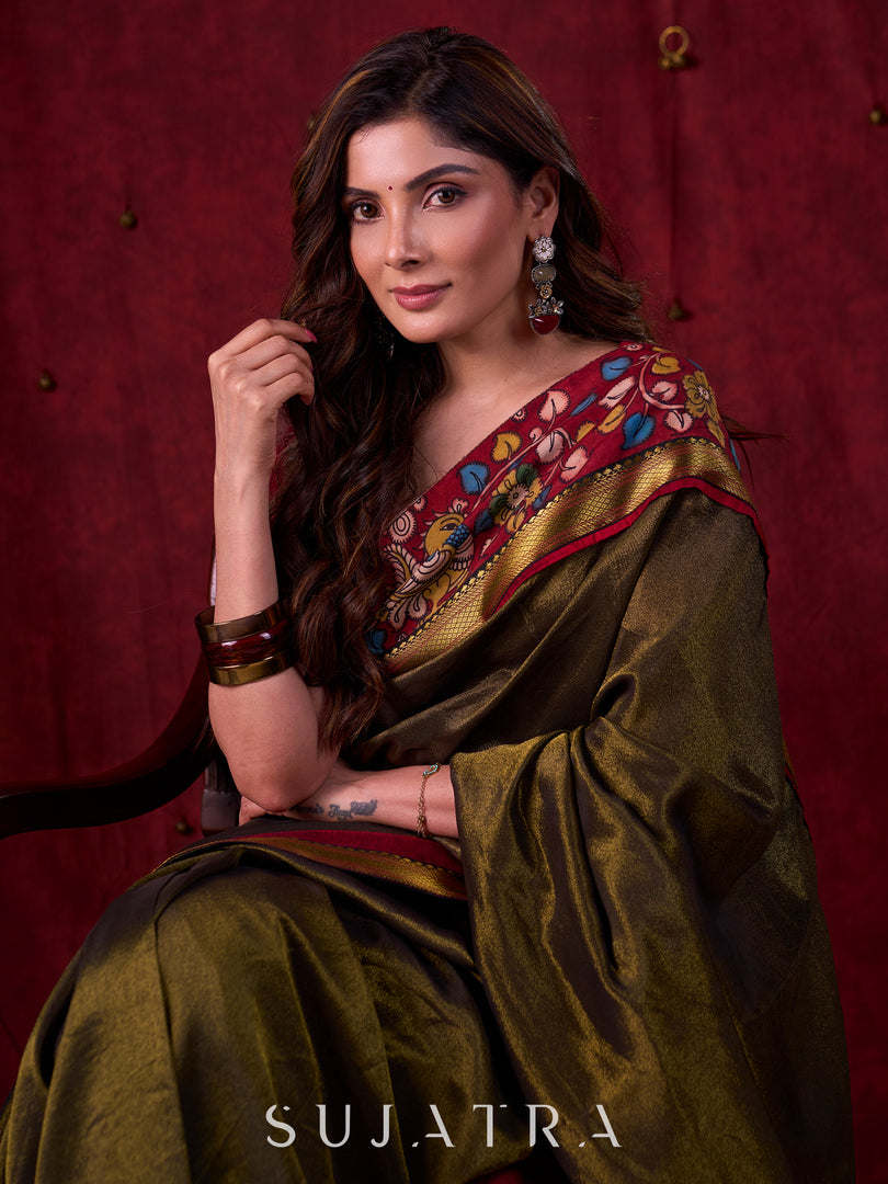 Midnight Black Tissue Saree featuring Maroon Accents & Artisanal Kalamkari and Elegant Zari Border