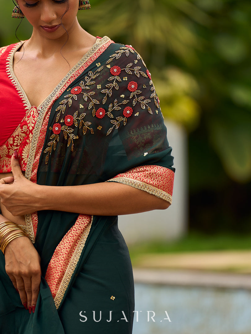 Timeless Bottle Green Georgette Saree with Contrast Red Benarasi Border & Hand Embroidered Pallu