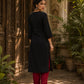 Artful Black Cotton Kurta with Statement Ajrakh Print Panel & Contrast Piping