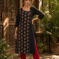 Artful Black Cotton Kurta with Statement Ajrakh Print Panel & Contrast Piping