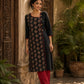 Artful Black Cotton Kurta with Statement Ajrakh Print Panel & Contrast Piping